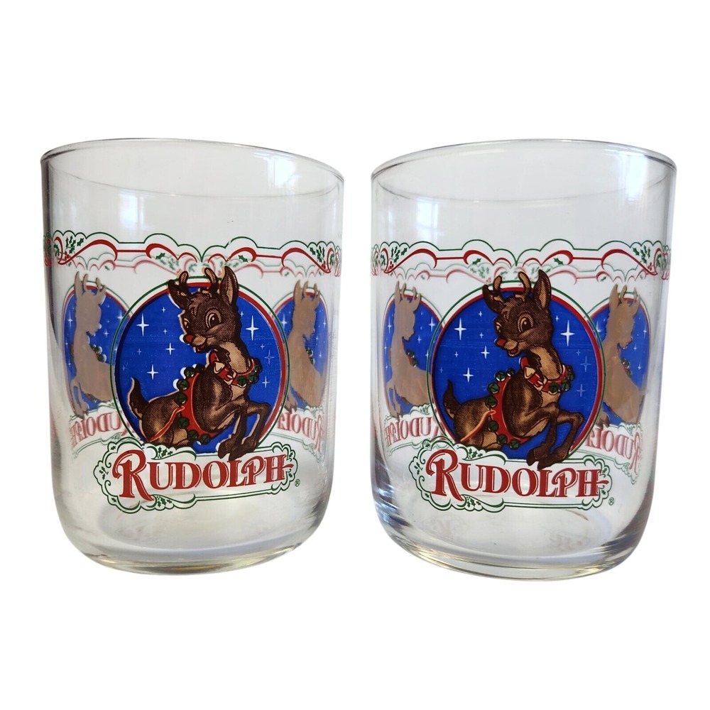 Vintage Rudolph The Red Nosed Reindeer Drinking Glasses Christmas Holiday Events